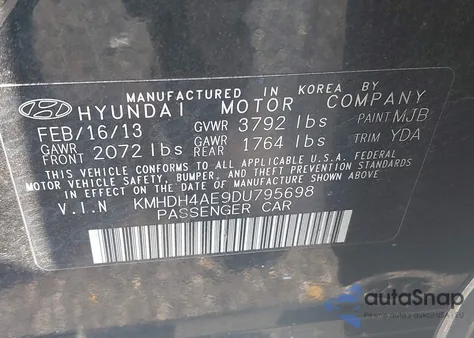 2013 Hyundai Elantra Gls z USA, uszkodzony, nr VIN KMHDH4AE9DU795698